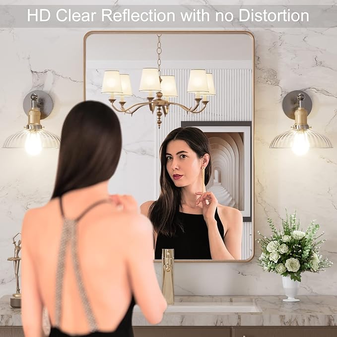 LOAAO 22”X30” Gold Bathroom Mirror, Rounded Rectangle Gold Frame Mirror, Brushed Gold Bathroom Vanity Mirror Wall-Mounted, Anti-Rust, Hangs Horizontally or Vertically