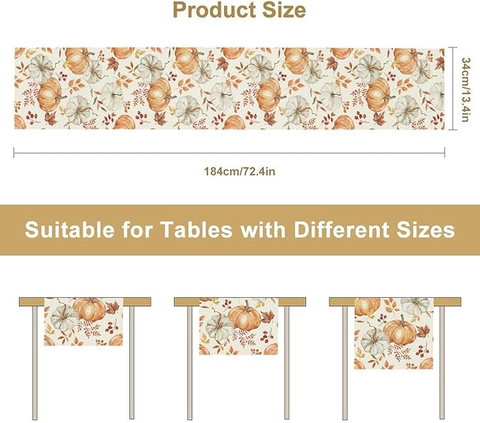 Pumpkin Table Runner Fall Orange White Colorful Leaves Berries Thanksgiving Watercolor Illustration Rustic Decor for Farmhouse Indoor Outdoor Party Holiday Dining Kitchen Restaurant Cafe W13xL60in