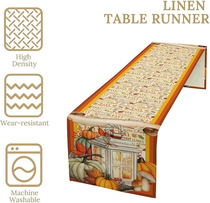 Fall Pumpkin Table Runner Rustic Farmhouse Mushrooms Leaves Berries Lanterns Thanksgiving Theme Home Decor for Farmhouse Indoor Outdoor Party Holiday Dining Kitchen Restaurant Cafe W13xL72in