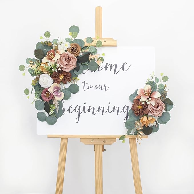 2pcs Artificial Flowers Wedding Arch Decor, Wedding Welcome Sign,Foam Flower Welcome Sign for Reception Backdrop, Table Decorations, Dried Flowers(Dark Coffee)