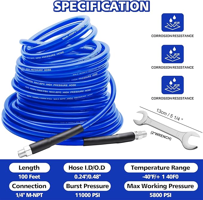 Sewer Jetter Kit 100 FT for Pressure Washer, 5800 PSI Drain Cleaner Hose 1/4 Inch NPT Corner Rotating and Button Nose Sewer Jetting Nozzle Spanner WatertightTape Pearl Corsage Pin(Blue)