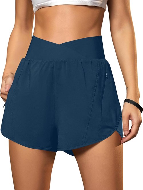 Blooming Jelly Women's High Waisted Athletic Running Shorts - Crossover Design with Zipper Pockets