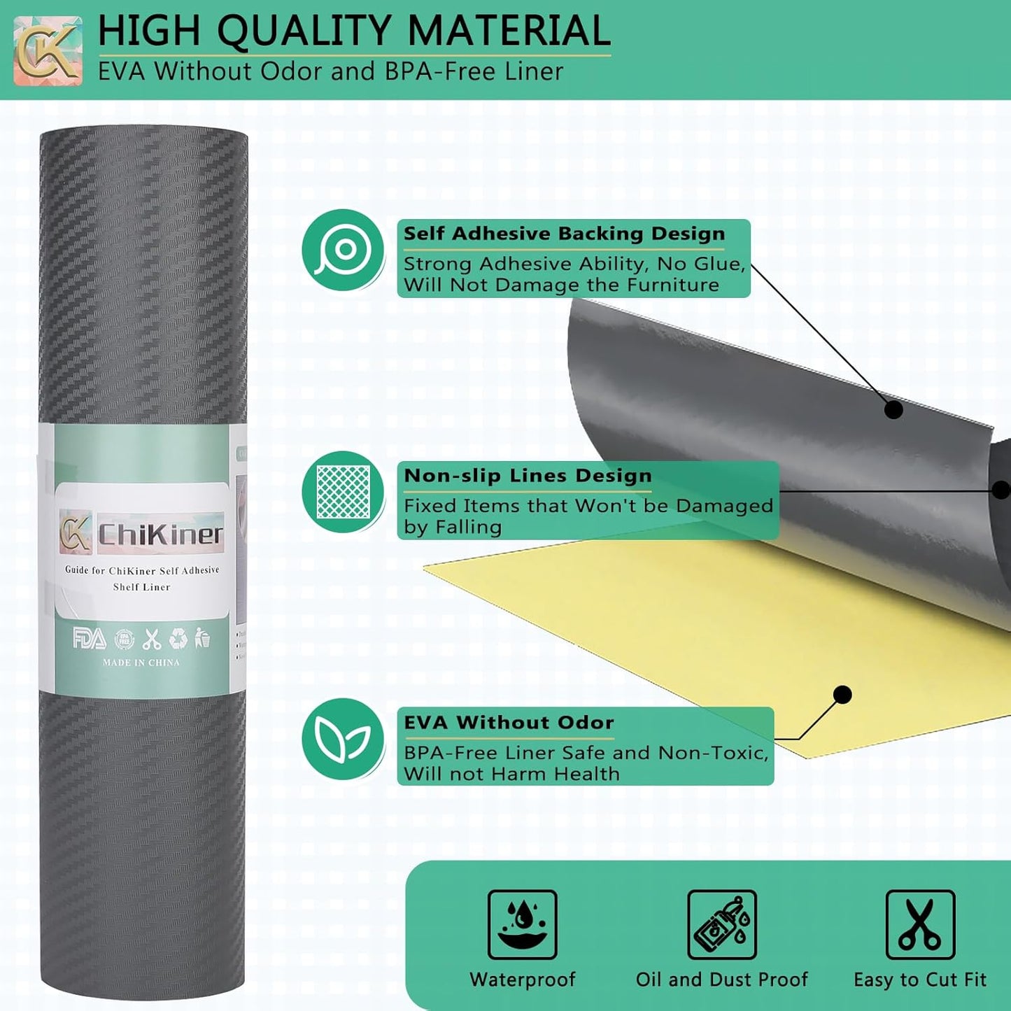 Self-Adhesive Shelf Liner Kitchen Liner, Waterproof Backed Paper Easy Peel and Stick Contact Liner Without Residue for Decor Your Desk Surface, Kitchen Countertops (Silver, 23.6 x 236.2 inches)