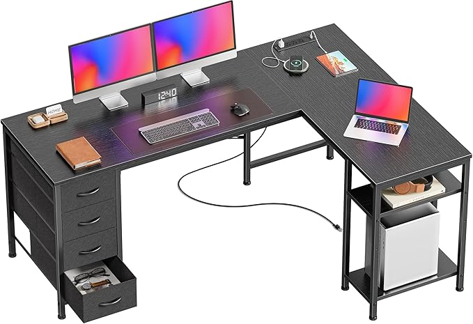 Huuger 55 Inch L Shaped Desk with Fabric Drawers, Reversible Computer Gaming Desk with Power Outlets and USB-C Port, Adjustable Side Storage Shelves, for Work Study Corner Home Office, Black