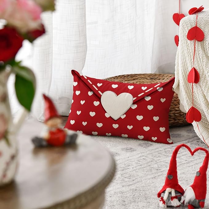 AVOIN colorlife Valentine's Day Envelope Throw Pillow Cover, 12 x 20 Inch White Heart Red Anniversary Wedding Cushion Case Decoration for Sofa Couch Set of 2