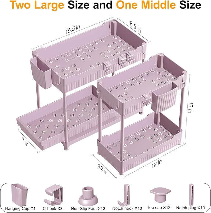 3 Pack Under Sink Organizers, 2-Tier Multi-Use Kitchen and Bathroom Organizers and Storage with Sliding Drawers, Bathroom Cabinet Organizer (Pink, 14.8 Inch)