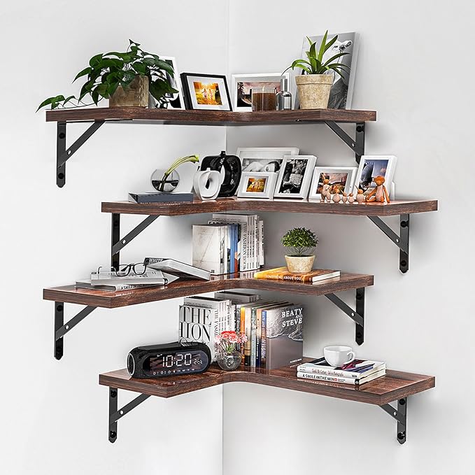 Corner Floating Shelves Wall Mounted Set of 4, Rustic Wood Storage Display Wall Shelves for Home Decor, Bathroom, Kitchen, Bedroom, Living Room, Office (Carbonized Brown)