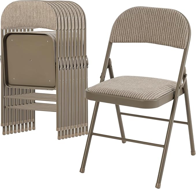 DUMOS 10 Pack Folding Chairs with Padded Cushion and Back - Fabric Stackable Portable Dining Chairs Set, for Home and Office, Conference, Wedding, Party, Patio, Garden, for Indoor Outdoor, Khaki