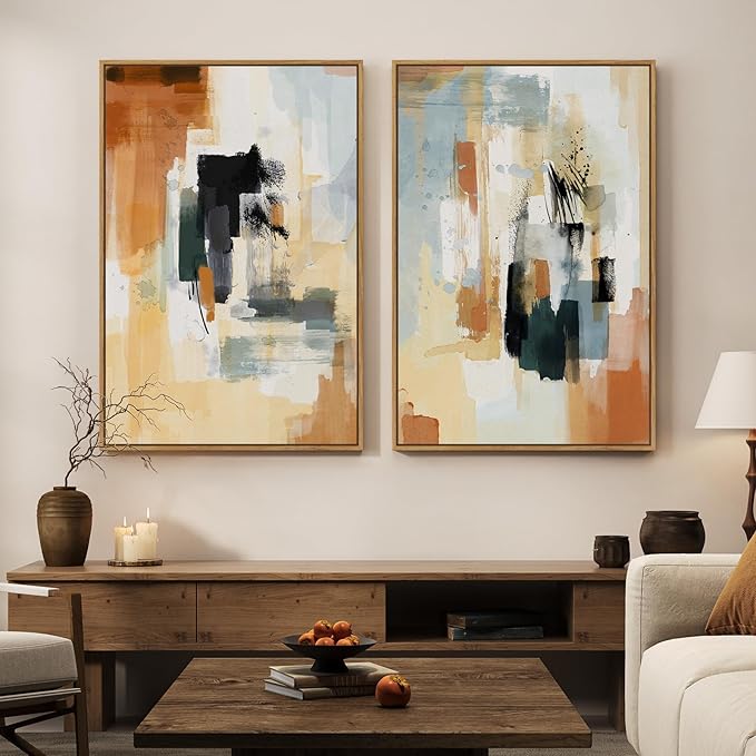 Large Framed Neutral Abstract Wall Art, Minimalist Colorful Pictures