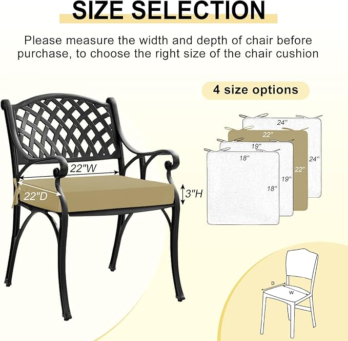 downluxe Waterproof Outdoor Chair Cushions for Patio Furniture, 22" x 22" x 3" Patio Chair Cushion with Adjustable Ties & Portable Handle, Square Outdoor Cushion with Removable Cover, Khaki, 2 Pack