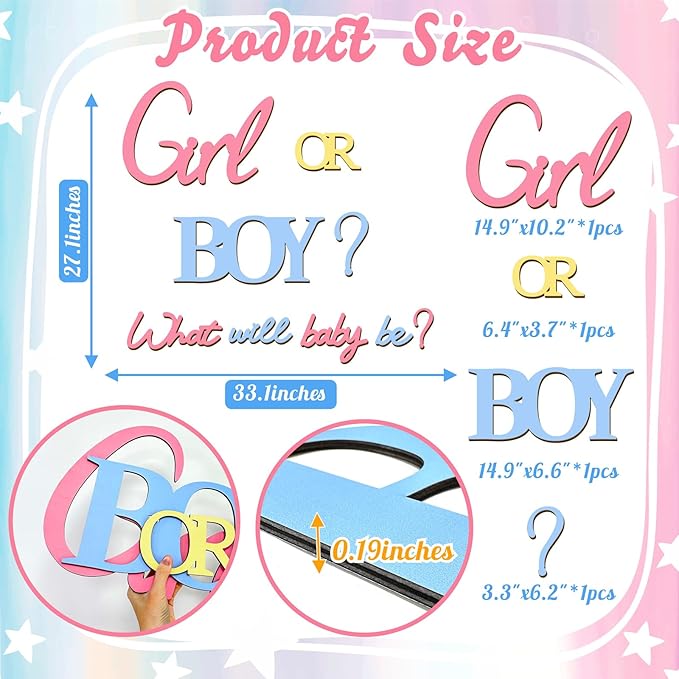 Large Wooden Boy or Girl Signs Gender Reveal Party Decoration Ideas Decals for Balloon Arch Oh Baby Shower Letters Sign He or She What Will Baby Be Stickers for Backdrop Pregnancy Banner Photo Props