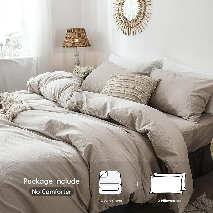 MooMee Bedding Duvet Cover Set 100% Washed Cotton Linen Like Textured Breathable Durable Soft Comfy (Heathered Tannish Linen Grey, Oversized Queen 98"x98")