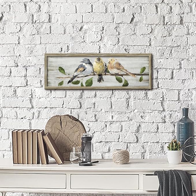 Rustic Bird Wooden Wall Art: Vintage Chickadee Framed Prints Abstract Cute Sparrow Picture Country Chubby Chickadee Painting Artwork Decor for Living Room Bedroom Farmhouse