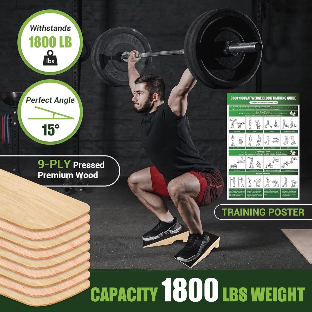 Squat Wedge Block - 2 Pcs Non-Slip Wooden Heel Elevation & Weightlifting Slant Board | 1800 Lbs Capacity