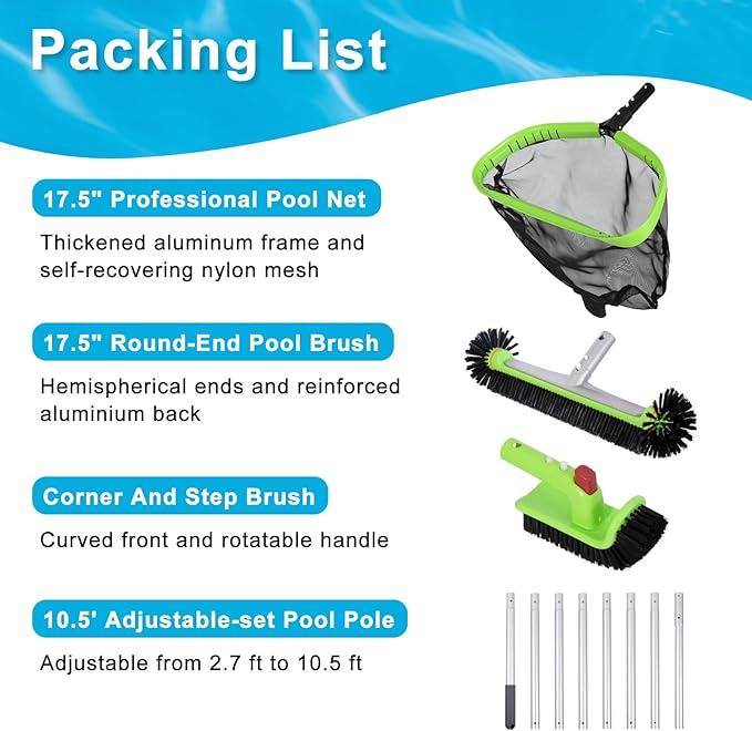 Deluxe Swimming Pool Cleaning Kit Including Professional Leaf Skimmer Net, 17.5" Pool Brush Head,Scrub Brush and 10.5 FT Pole