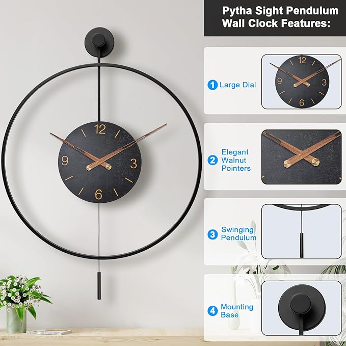Pytha Sight Large Modern Wall Clock, 34.6×24 Inch Big Metal Minimalist Arabic