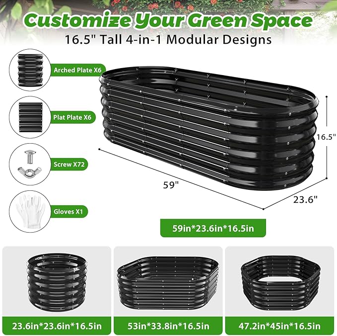 YSEJOMP 17" Tall Outdoor Garden Raised Garden Bed Kits, 5ft X 2ft Oval,0.8MM Thick Metal Raised Planter Bed/Ground Planter Box for Variety of Flowers,Herbs,Vegetables (Black, 60X24X16.5 Inches)