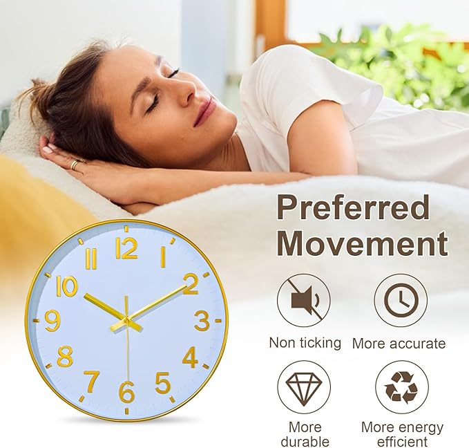 Gold Wall Clock, 8 Inch Wall Clocks Battery Operated, Round Modern Non Ticking