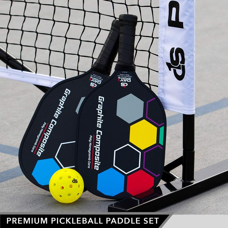 Premium Pickleball Set – 2 Paddle Set with Mesh Carry Bag, 4 Balls by Day 1 Sports - Durable Pickle Ball Paddles with Cushion Comfort Grip and Accessories - Graphite-Face Racquets, Pickleballs