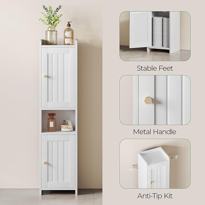 Bathroom Cabinet with 2 Doors, 7.3 x 9.8 x 40.4 Inches, Small Freestanding Storage Cabinet with Adjustable Shelf, Floor Cabinet for Small Spaces, Bathroom, Entrances, Kitchen, White