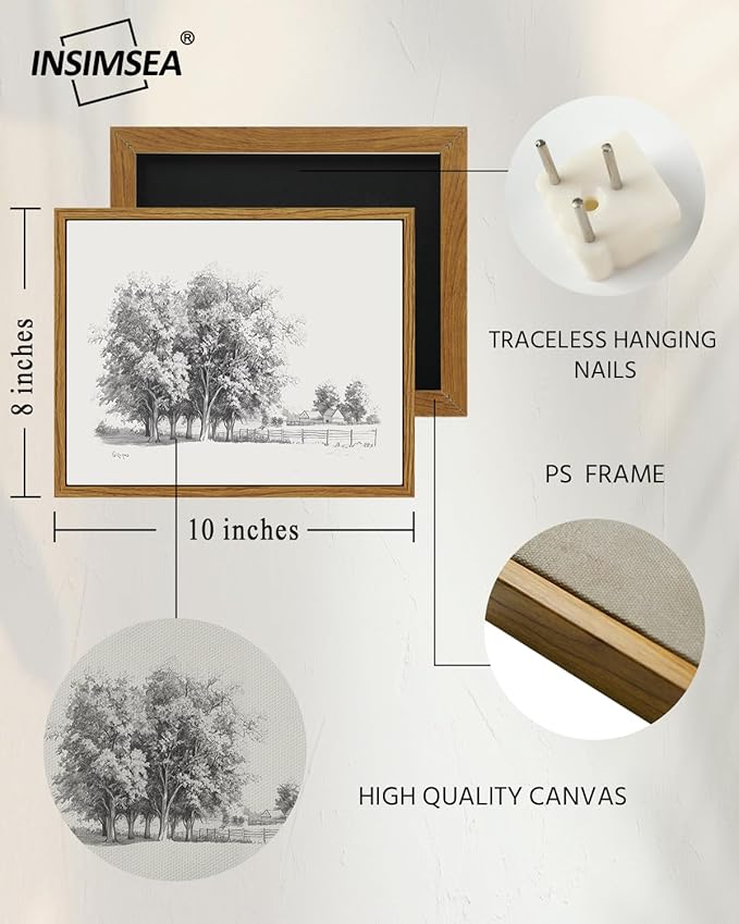 InSimSea Framed Wall Art for Living Room Vintage Tree Canvas Art Black and White Sketch Botanical Wall Decor Bedroom Artwork Farmhouse Painting Pictures Countryside Prints Rustic Gallery Office 8x10In