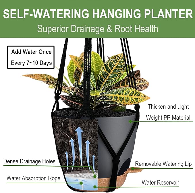 Bouqlife 3 Pack Self Watering Hanging Planters Macrame Plant Hangers with Indoor Flower Pots, 3 Different Size Hanging Basket, Plant Hanger with Hooks for Garden Home Decor Black