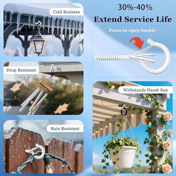 36 Pack White Screw Hooks with Safety Buckle - 2.3 Inch Rustproof Eye Ceiling Hooks for Hanging Plants,Outdoor String Lights,Baskets,Christmas Lights & Decor,40lb Capacity (36, White)