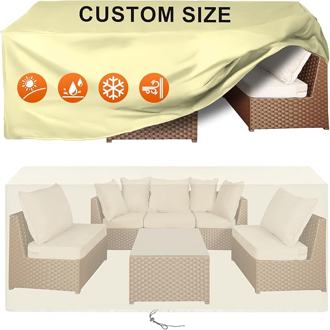 Patio Furniture Cover Rectangle 88"(L) x 28"(W) x 30"(H), Custom Heavy Duty 420D Waterproof Outdoor Cover with Drawstring & Buckles for Table Chair Garden, Cream