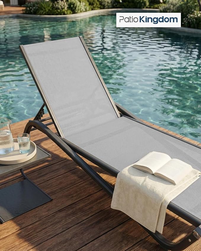 Adjustable Patio Chaise Lounge Chair, Outdoor Pool Lounger for Sunbathing & Tanning, All-Weather Textilene Sun Bed for Beach, Porch & Deck, Rust-Proof Aluminum Frame, Light Grey