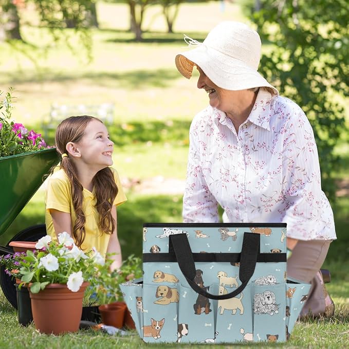 Dogs Prints Garden Tool Bag Waterproof Gardening Tool Storage Bag with Handle & 10 Pockets Gardening Tote Bag for Women Garden Tool Organizer