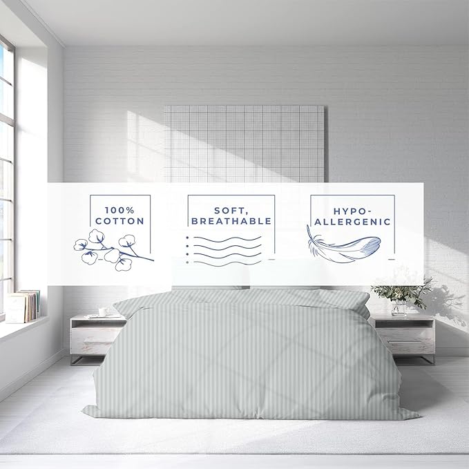 Kotton Culture 3 Pc King Size Duvet Cover Set- 100% Egyptian Cotton Sateen 600 Thread Count Ultra Soft Premium Durable Comforter Cover Zipper Closure & Corner Ties (Striped Silver, King 102"x94")