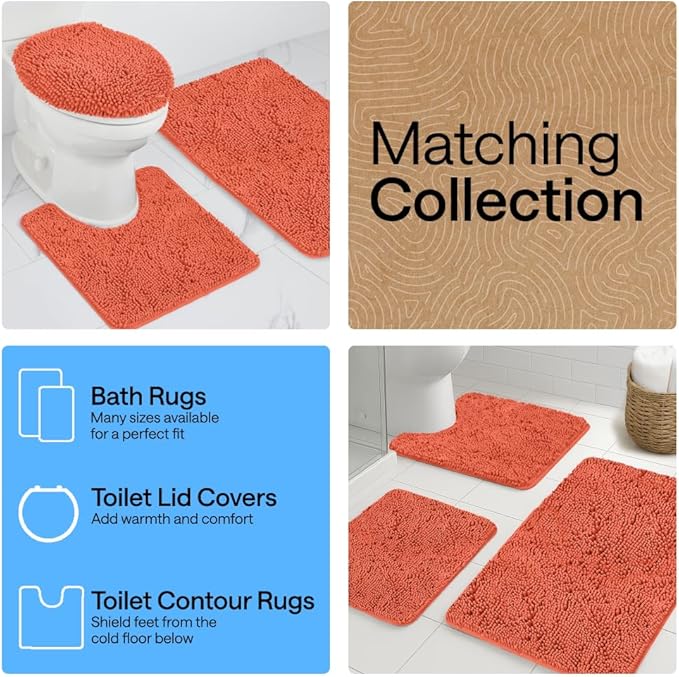 GORILLA GRIP Bathroom Rug Sets, Soft Chenille 2 Piece Area Rugs Set, Toilet Base Mat and 30x20 Carpet, Absorbent Microfiber Washable Mats Dry Quickly, Home Décor and Bath Room Accessories, Coral