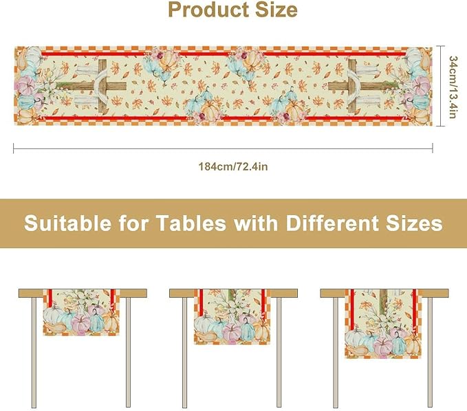 Watercolor Pumpkin Table Runner Fall Flowers Falling Leaves Cross Harvest Season Thanksgiving Rustic Home Decor for Farmhouse Indoor Outdoor Party Holiday Dining Kitchen Restaurant Cafe W13xL60in