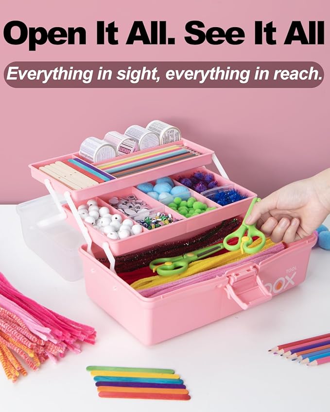 12in 3-Layer Plastic Craft Organizers and Storage, Portable Folding Tackle Box with Handle & Adjustable Dividers, Multipurpose Case for Sewing, Art Supplies, Medicine, Tools (Pink)