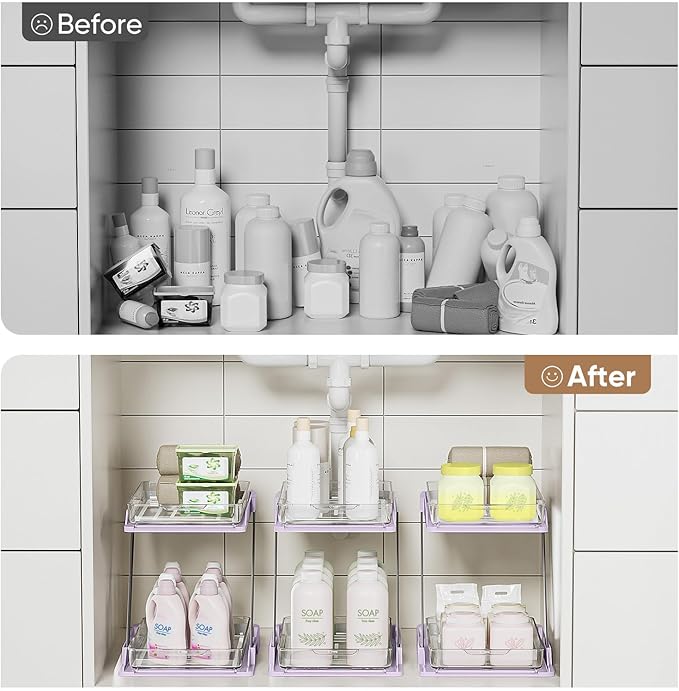 3 Pack Bathroom Organizers and Storage - Multi-Purpose,2-Tier Clear Pull Out Organization for Bathroom,Under Sink,Kitchen,Vanity,Countertop,Cabinet,Pantry & Medicine Cabinet,Pink