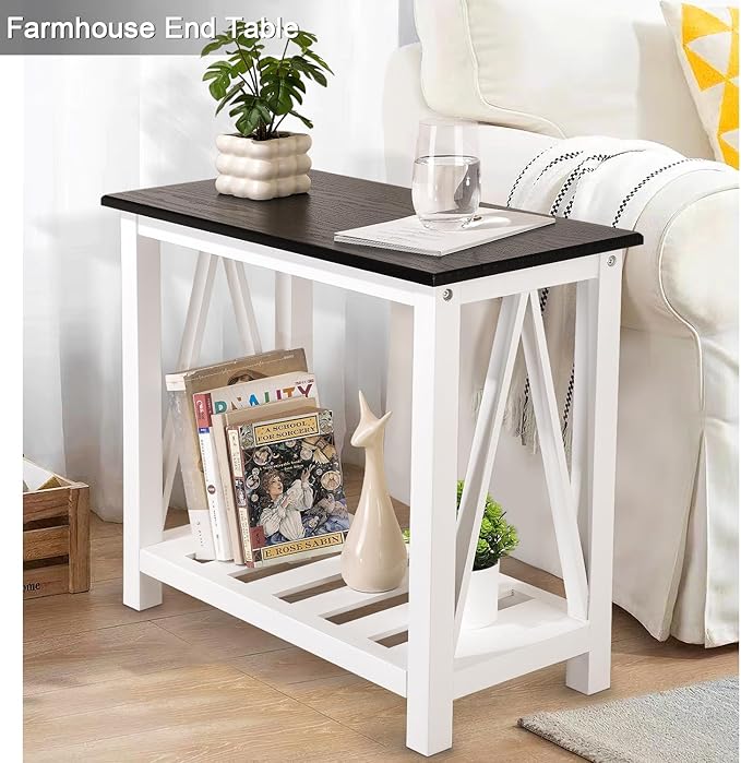 Farmhouse End Side Table Wood Frame Narrow Side Table with Shelves Black White Rectangular Night Stand Sofa Table for Couch, Small Spaces, Living Room, Bedroom