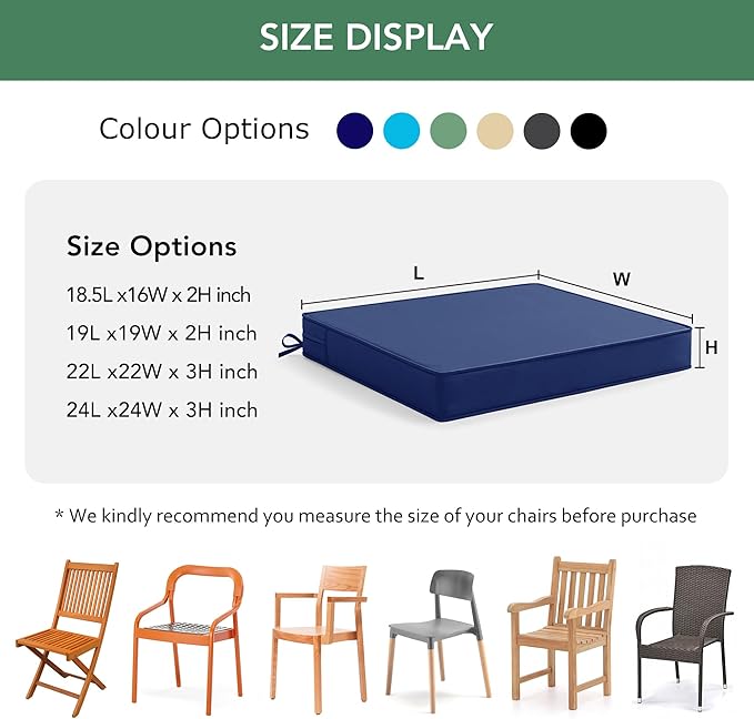 Outdoor Chair Cushions Set of 6: Waterproof & Fade Resistant Seat Cushion for Patio Furniture - 18.5 x 16 x 2 Inch Chair Pads with Ties and Hidden Zipper - Patio Chair Cushion Replacement, Navy