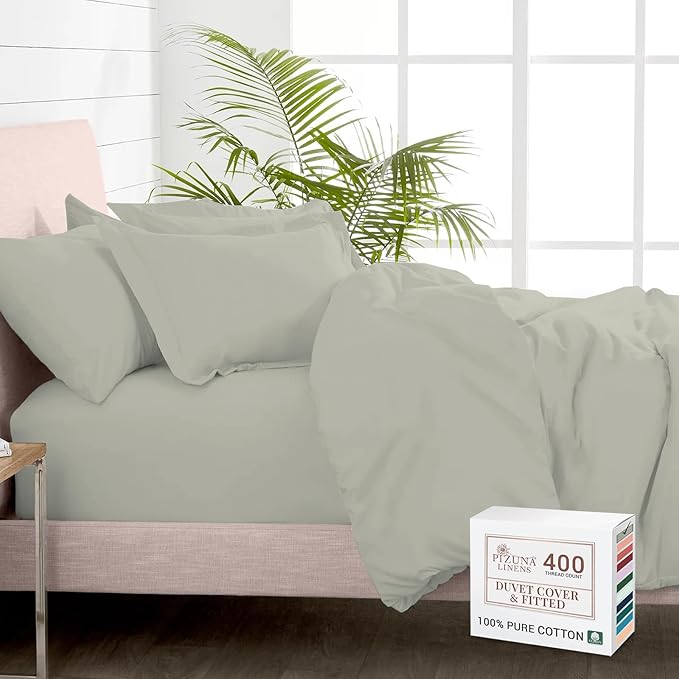 Pizuna 100% Cotton Twin 2 Pc Duvet Cover + 1 Pc Fitted Sheet Set 400 Thread Count Silver Sateen Weave Luxurious Long Staple Cotton 4 Piece Bedding Set - 1 Duvet Cover, 1 Pillow Sham, 1 Fitted Sheet