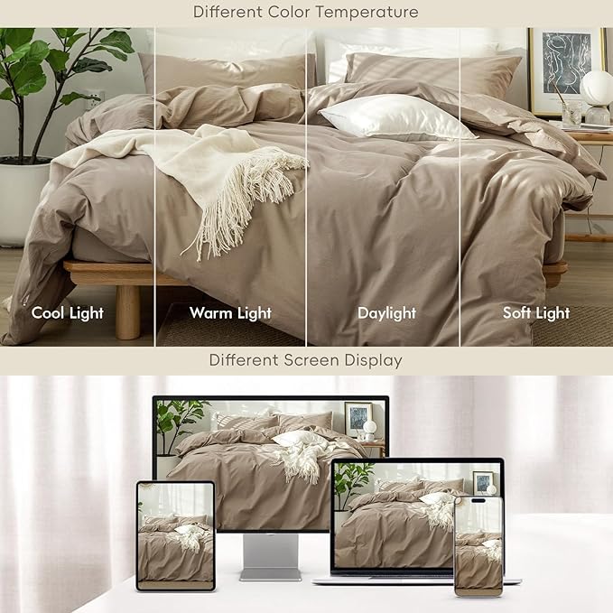 MooMee Bedding Duvet Cover Set 100% Washed Cotton Linen Like Textured Breathable Durable Soft Comfy (Solid Mocha Brown, King 104"x90")