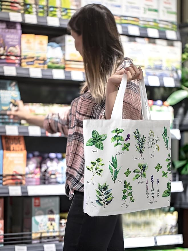 Bencailor 2 Pcs Spring Flower Canvas Tote Bags Reusable Wildflowers Herbs Plant Grocery Bags for Women Shopping Spring Gifts(Herbs)