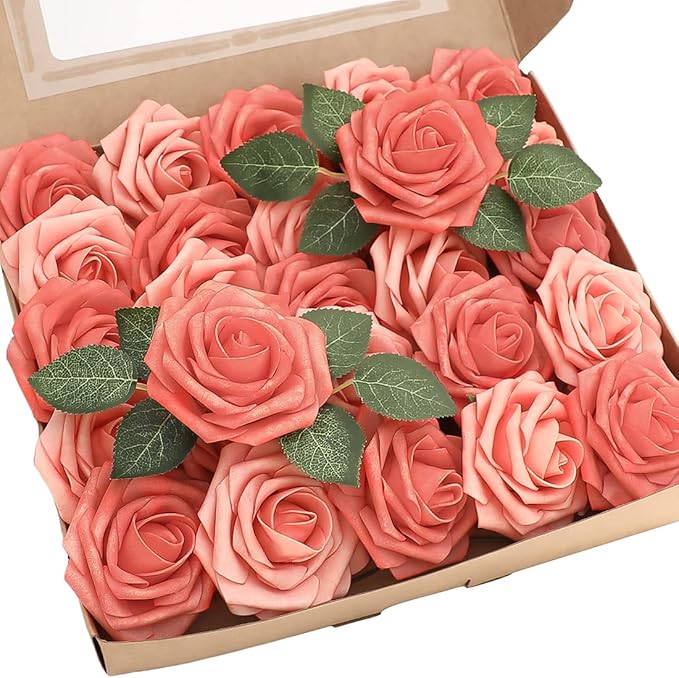 Floroom Artificial Flowers 50pcs Real Looking Mixed Living Coral Foam Fake Roses with Stems for DIY Wedding Bouquets Bridal Shower Centerpieces Floral Arrangements Party Tables Home Decorations