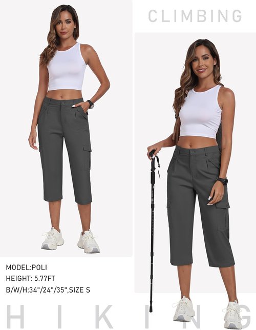 MoFiz Women's Cargo Capris Lightweight Hiking Pants 6 Pockets Cotton Casual Summer Capri Pants for Women Dark Grey L