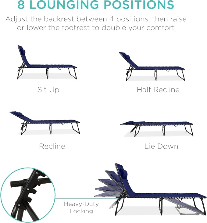 Best Choice Products Extra Wide Patio Chaise Lounge Chair, Portable Outdoor Folding Recliner for Lawn, w/ 8 Positions, Handles, 440lb Capacity - Navy