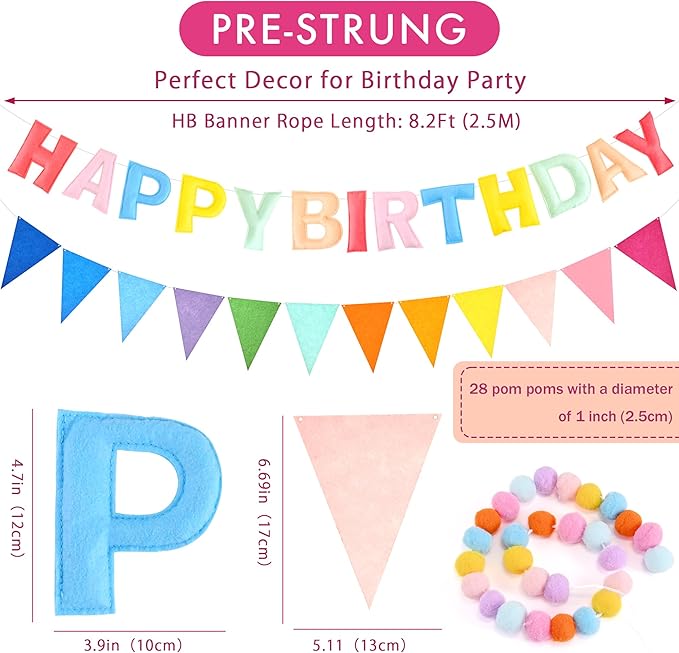 CANREVEL Pre-Strung 3D Happy Birthday Banner, 3 PCS Pastel Felt Garland, Pom Pom Garland, Triangle Fabric Bunting, Reusable Pastel Birthday Decorations for Women Girls