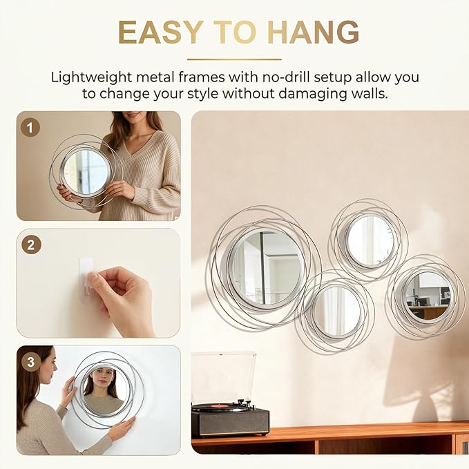 4 Piece Gold Round Wall Mirror Set Modern Metal Circle Home Decor