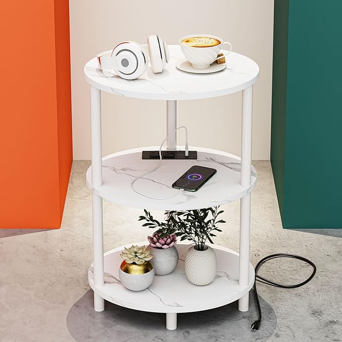 Small Round Side Table - 3-Tier Oval Accent Table for Small Spaces, Rustic Wood and Metal Nightstand for Living Room or Bedroom, with Built-in USB Ports and Power Outlet, Marble White