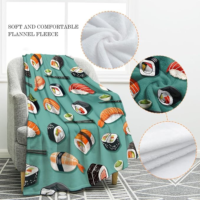 Jekeno Sushi Food Blanket Gifts for Women Kids Girls Boys Mom Wife Men Birthday Christmas Halloween Easter Presents Home Bedroom Living Room Bed Sofa Decor Plush Throw 50"x60"