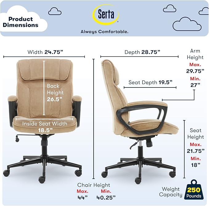 Serta® Hannah Executive Home Office Desk Chair, Ergonomic Mid-Back with Lumbar Support, Firm Seat Cushion, Layered Body Pillows, Padded Armrests, Swivel Base, Easy Assembly, Microfiber, Beige