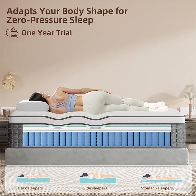 Mattress Queen Size, Medium Firm 14 Inch Mattress with Extra Lumbar & Shoulder Support, Hybrid Mattresses with Gel Memory Foam Pain Relief - Fiberglass Free - No Odor - 365 Night Trial