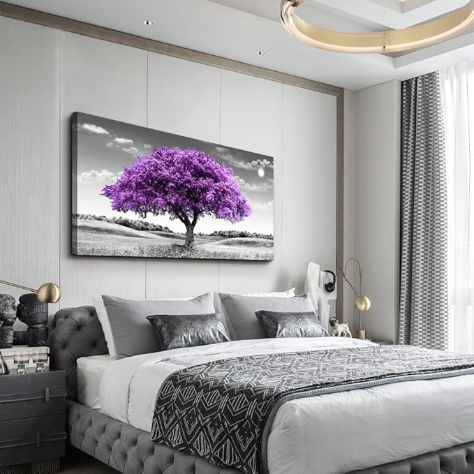 Canvas Wall Art for Living Room Large Wall Decor for Office Modern Bedroom Decorations Purple Tree Landscape Pictures Black and White Paintings Artwork Room Wall Mural Farmhouse Home Decor